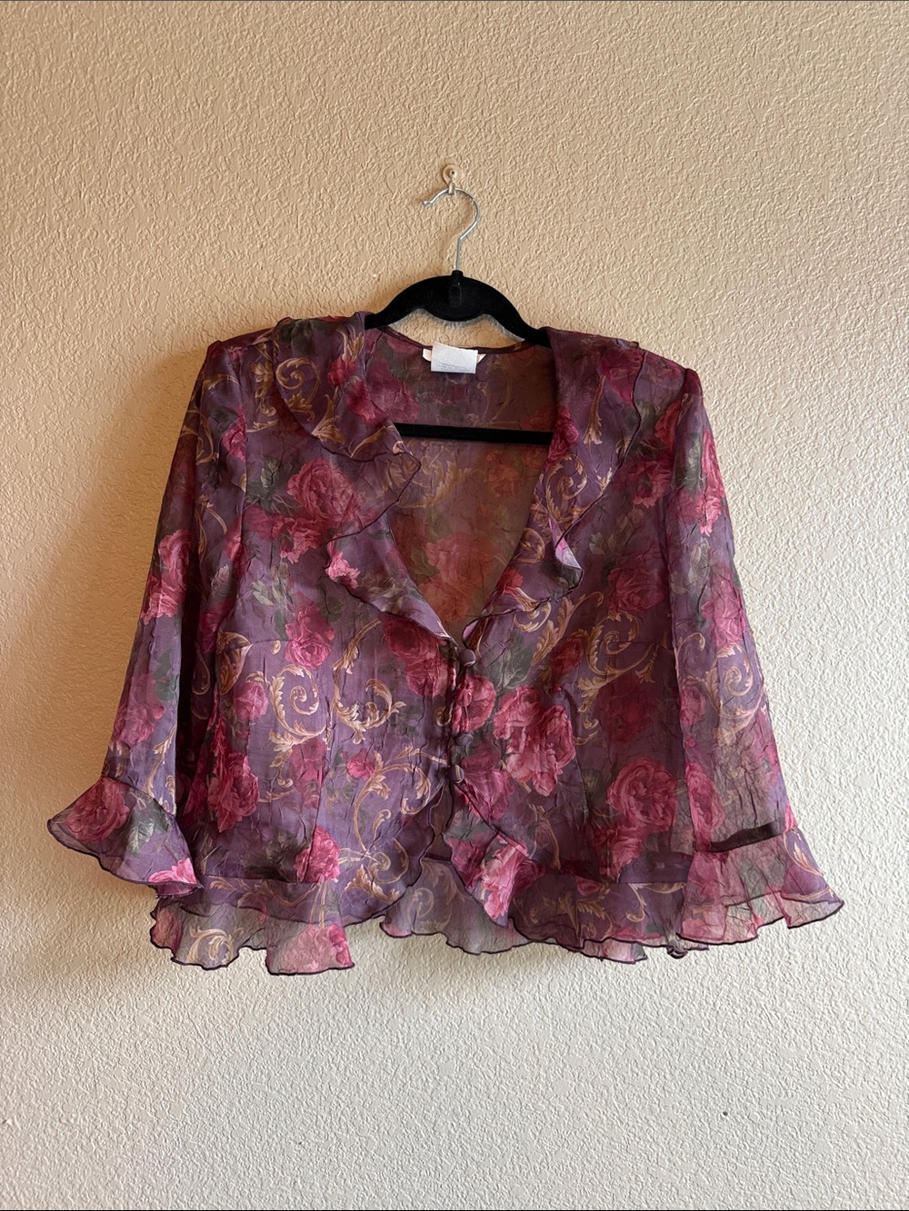 Floral Ruffle Sheer Blouse - Purple/Pink
